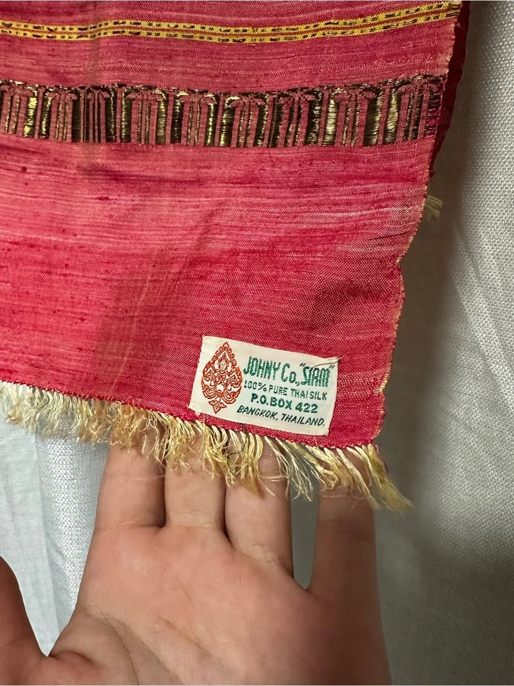 Vintage 100% pure Thai Silk Red Handloom Scarf with Woven Accent Stripes